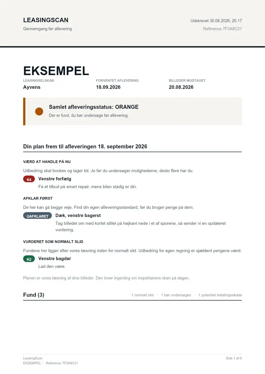 Forsiden af en færdig rapport: fire fund med K-kategori og en anbefaling til hvert.